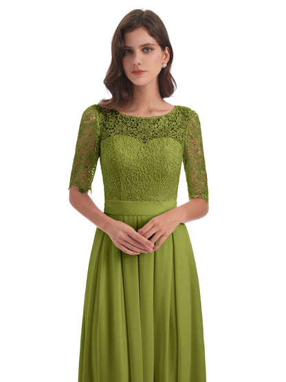 Brielle Illussion Neckline and Back Half Sleeves Scoop Lace Bridesmaid Dresses