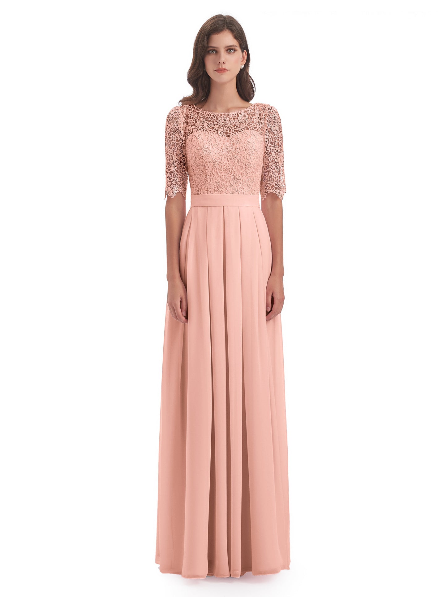 Brielle Illussion Neckline and Back Half Sleeves Scoop Lace Bridesmaid Dresses