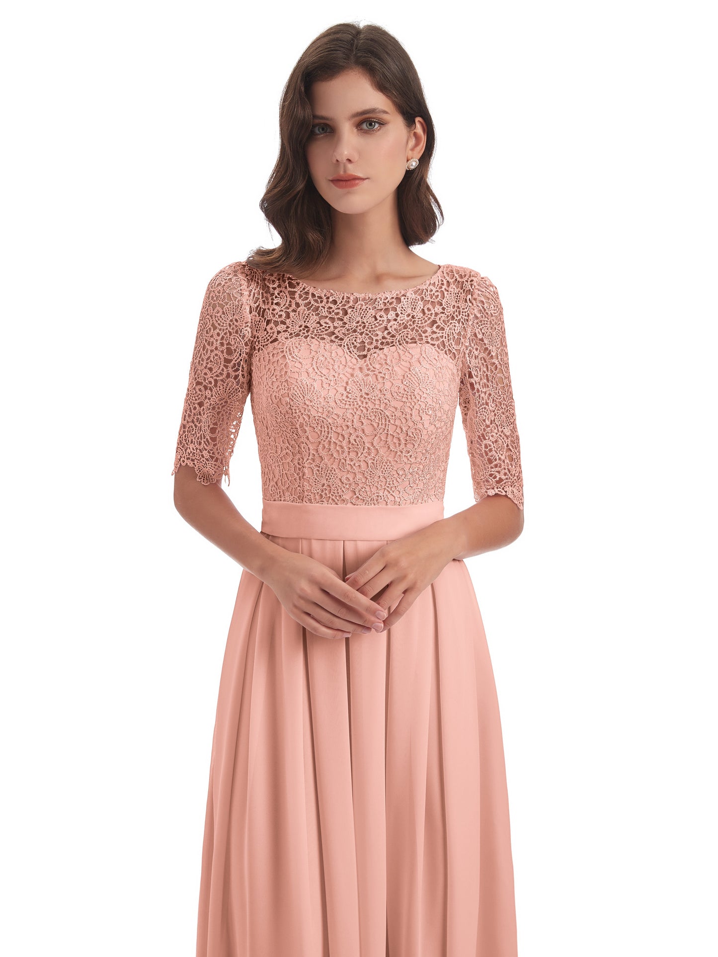 Brielle Illussion Neckline and Back Half Sleeves Scoop Lace Bridesmaid Dresses