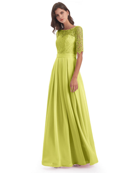 Brielle Illussion Neckline and Back Half Sleeves Scoop Lace Bridesmaid Dresses