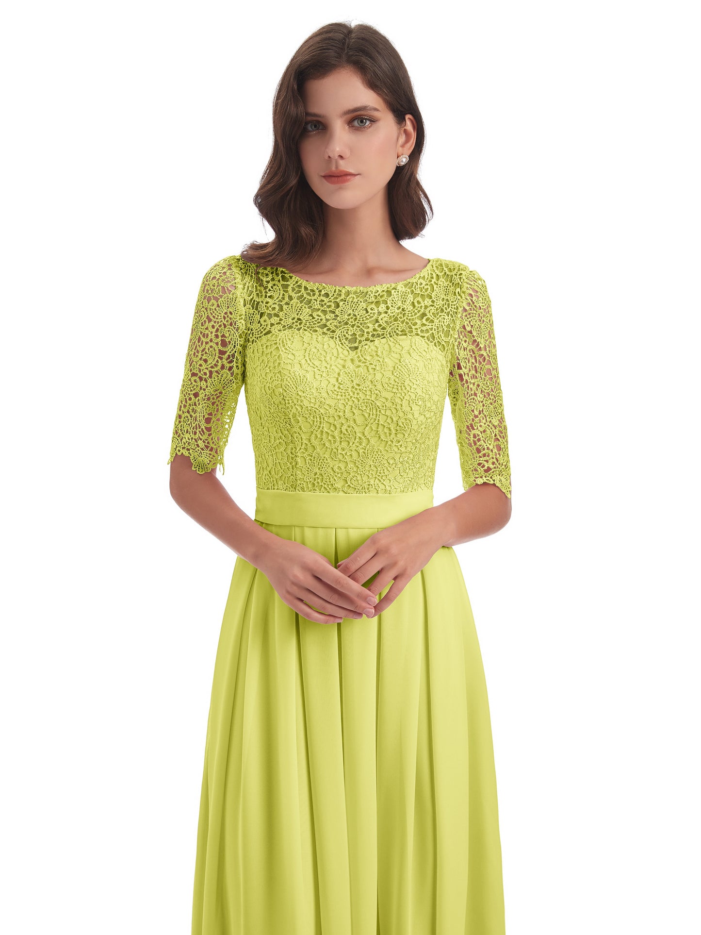 Brielle Illussion Neckline and Back Half Sleeves Scoop Lace Bridesmaid Dresses