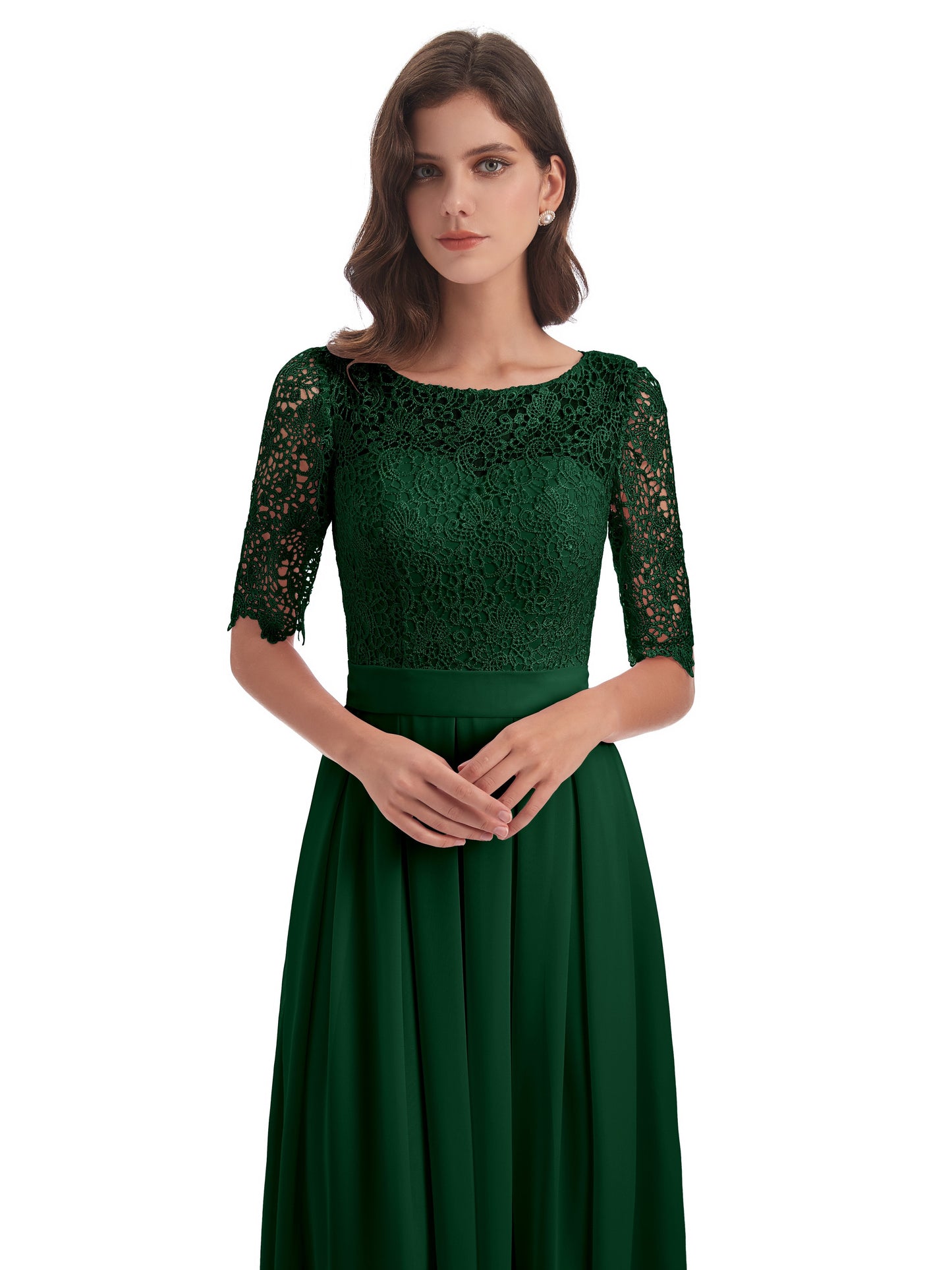 Brielle Illussion Neckline and Back Half Sleeves Scoop Lace Bridesmaid Dresses