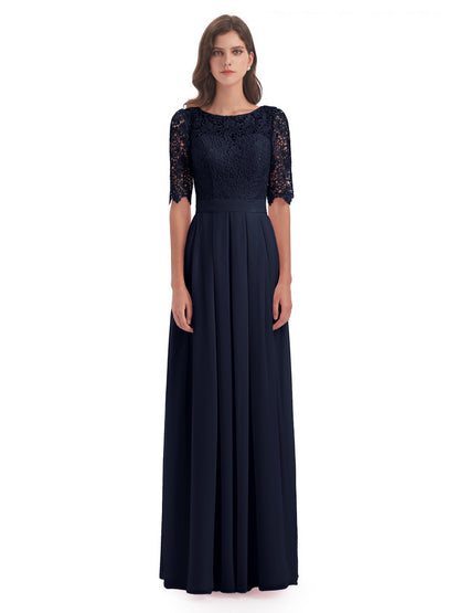 Brielle Illussion Neckline and Back Half Sleeves Scoop Lace Bridesmaid Dresses