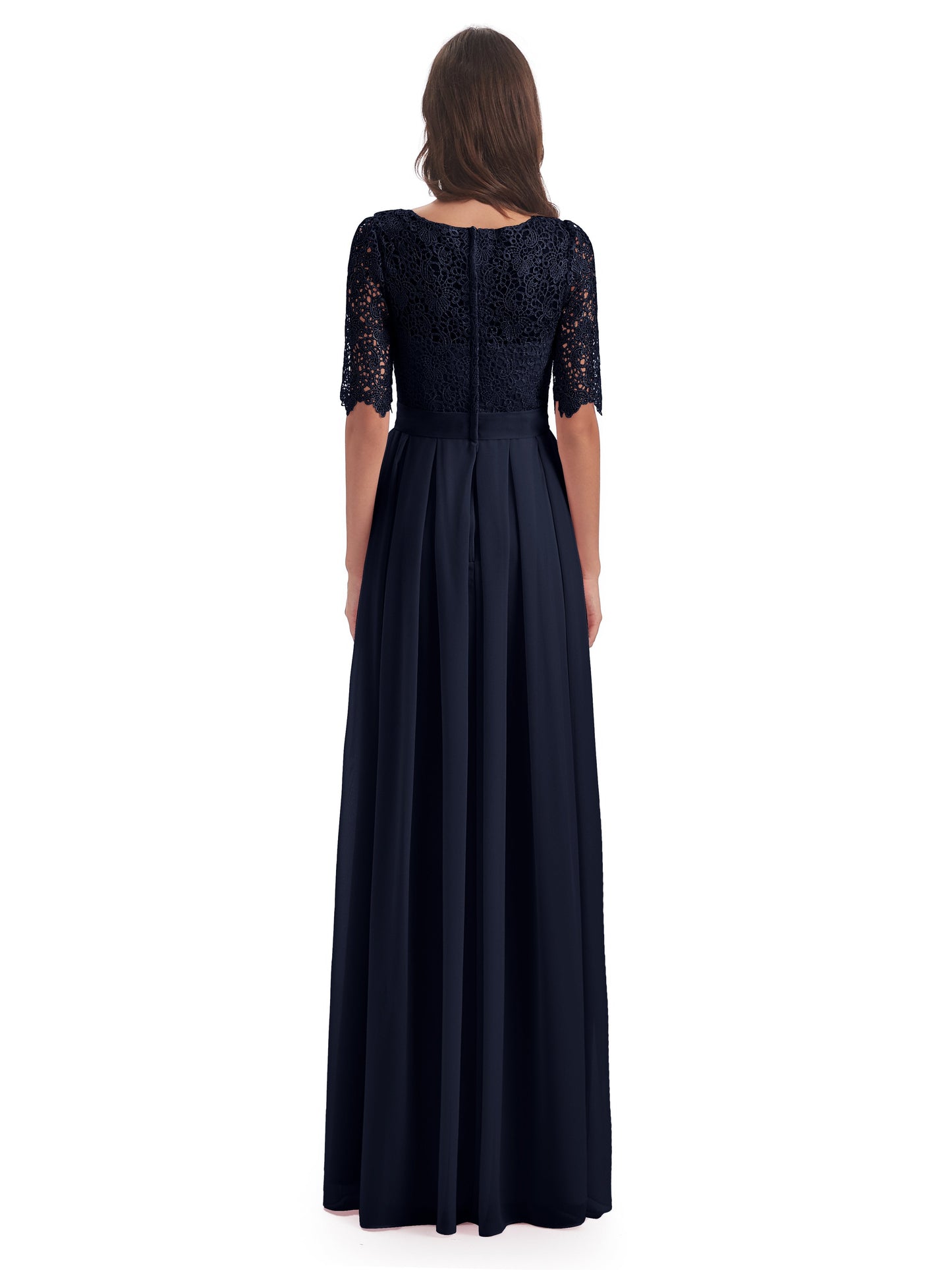 Brielle Illussion Neckline and Back Half Sleeves Scoop Lace Bridesmaid Dresses