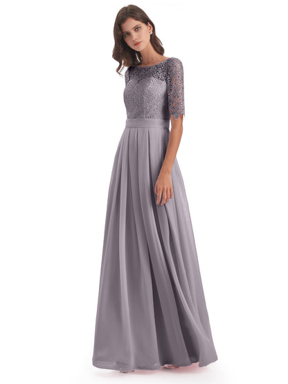 Brielle Illussion Neckline and Back Half Sleeves Scoop Lace Bridesmaid Dresses