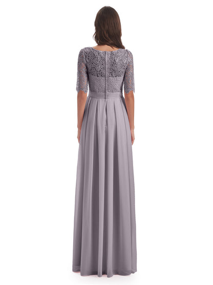 Brielle Illussion Neckline and Back Half Sleeves Scoop Lace Bridesmaid Dresses