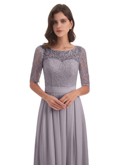 Brielle Illussion Neckline and Back Half Sleeves Scoop Lace Bridesmaid Dresses
