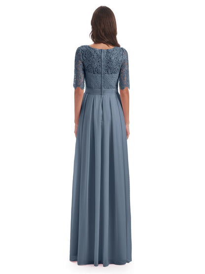 Brielle Illussion Neckline and Back Half Sleeves Scoop Lace Bridesmaid Dresses