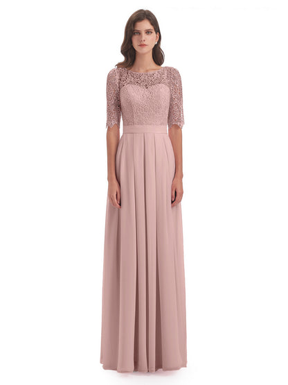 Brielle Illussion Neckline and Back Half Sleeves Scoop Lace Bridesmaid Dresses
