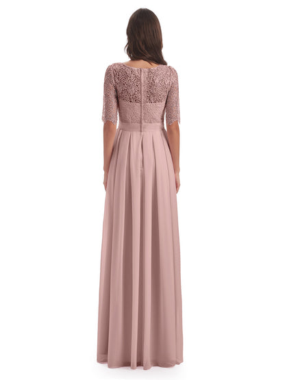 Brielle Illussion Neckline and Back Half Sleeves Scoop Lace Bridesmaid Dresses