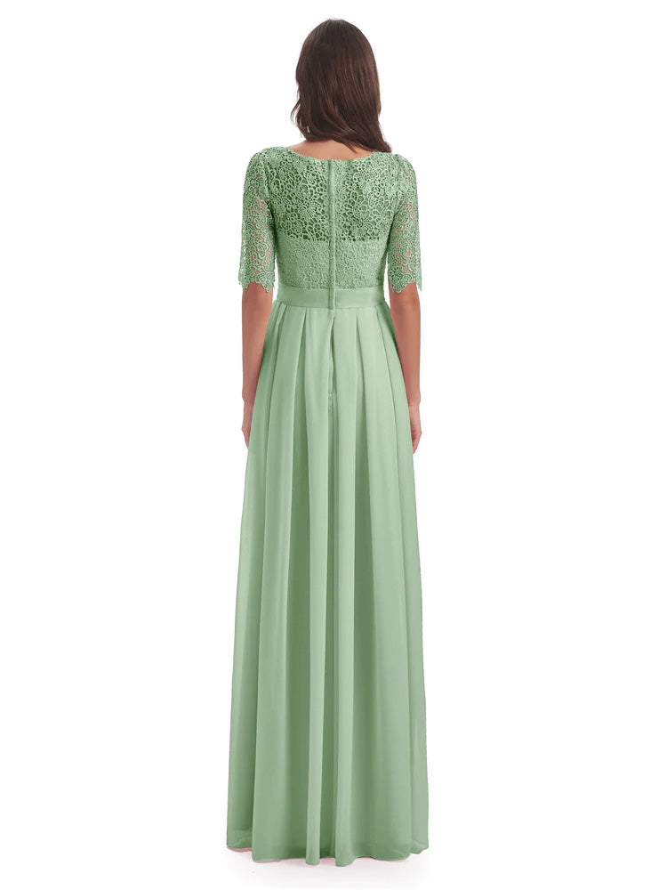 Brielle Illussion Neckline and Back Half Sleeves Scoop Lace Bridesmaid Dresses