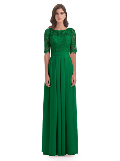 Brielle Illussion Neckline and Back Half Sleeves Scoop Lace Bridesmaid Dresses