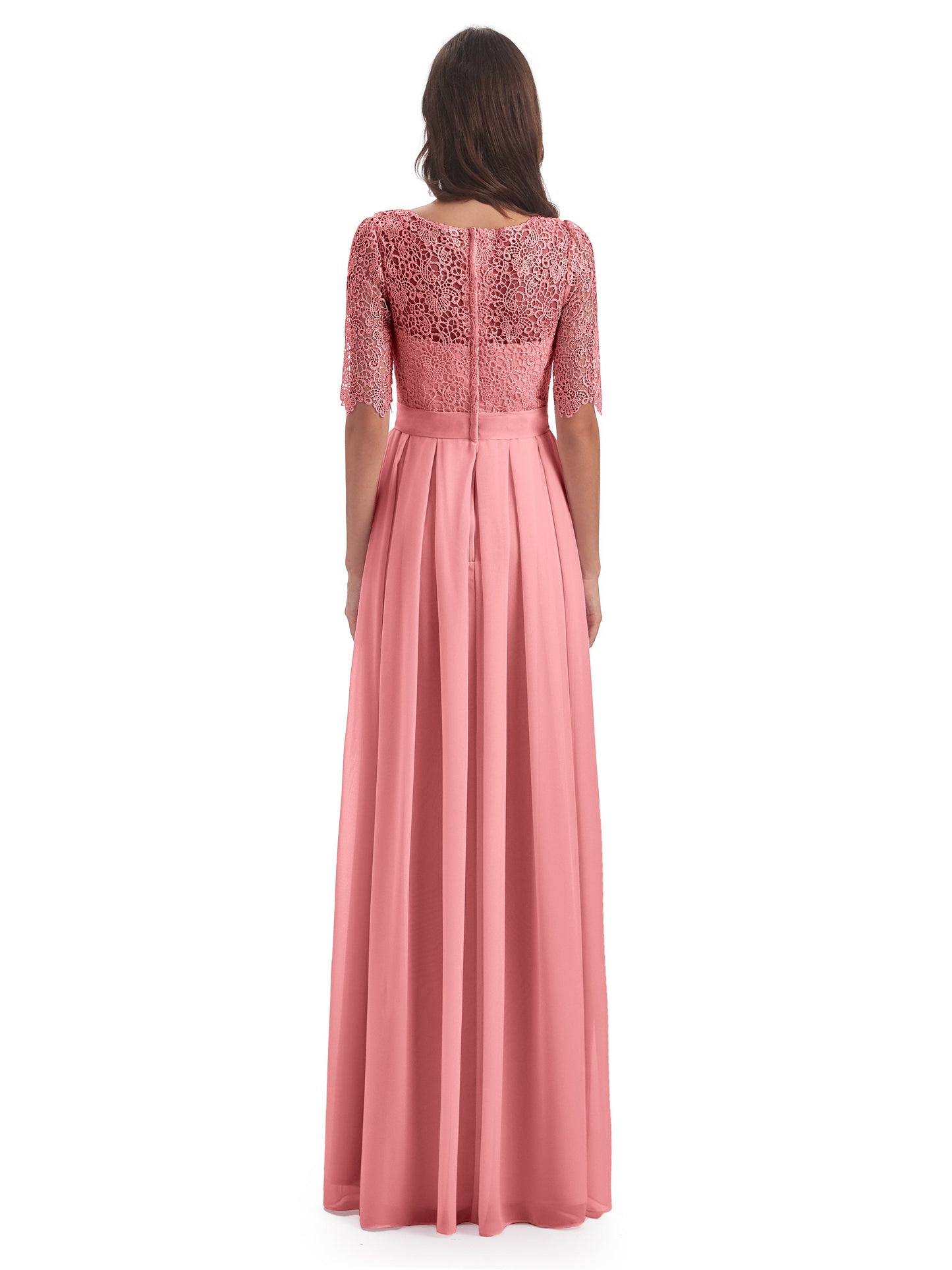 Brielle Illussion Neckline and Back Half Sleeves Scoop Lace Bridesmaid Dresses
