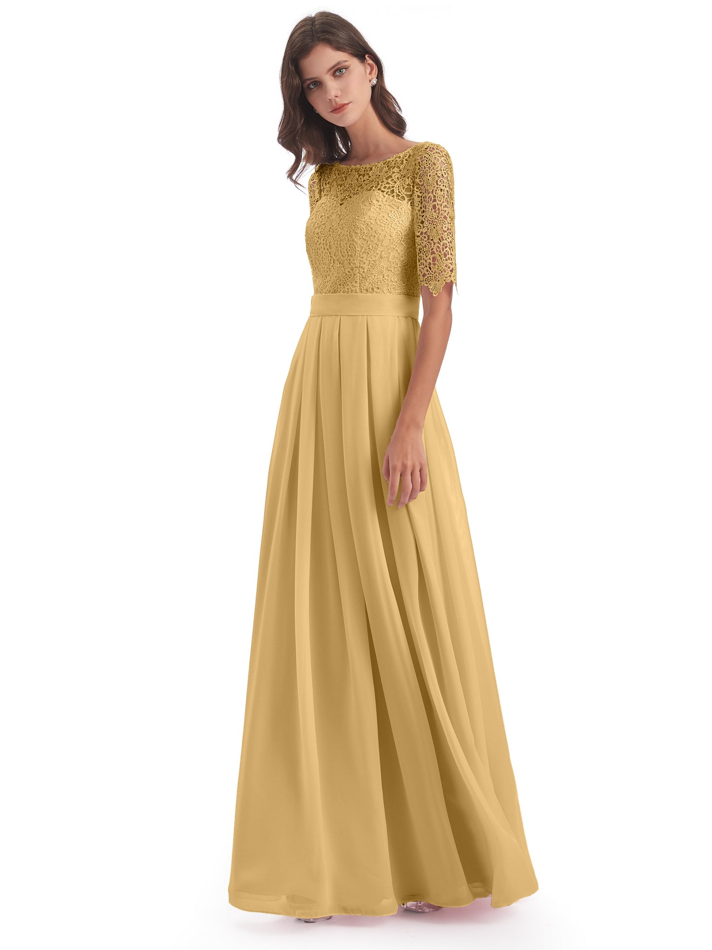 Brielle Illussion Neckline and Back Half Sleeves Scoop Lace Bridesmaid Dresses