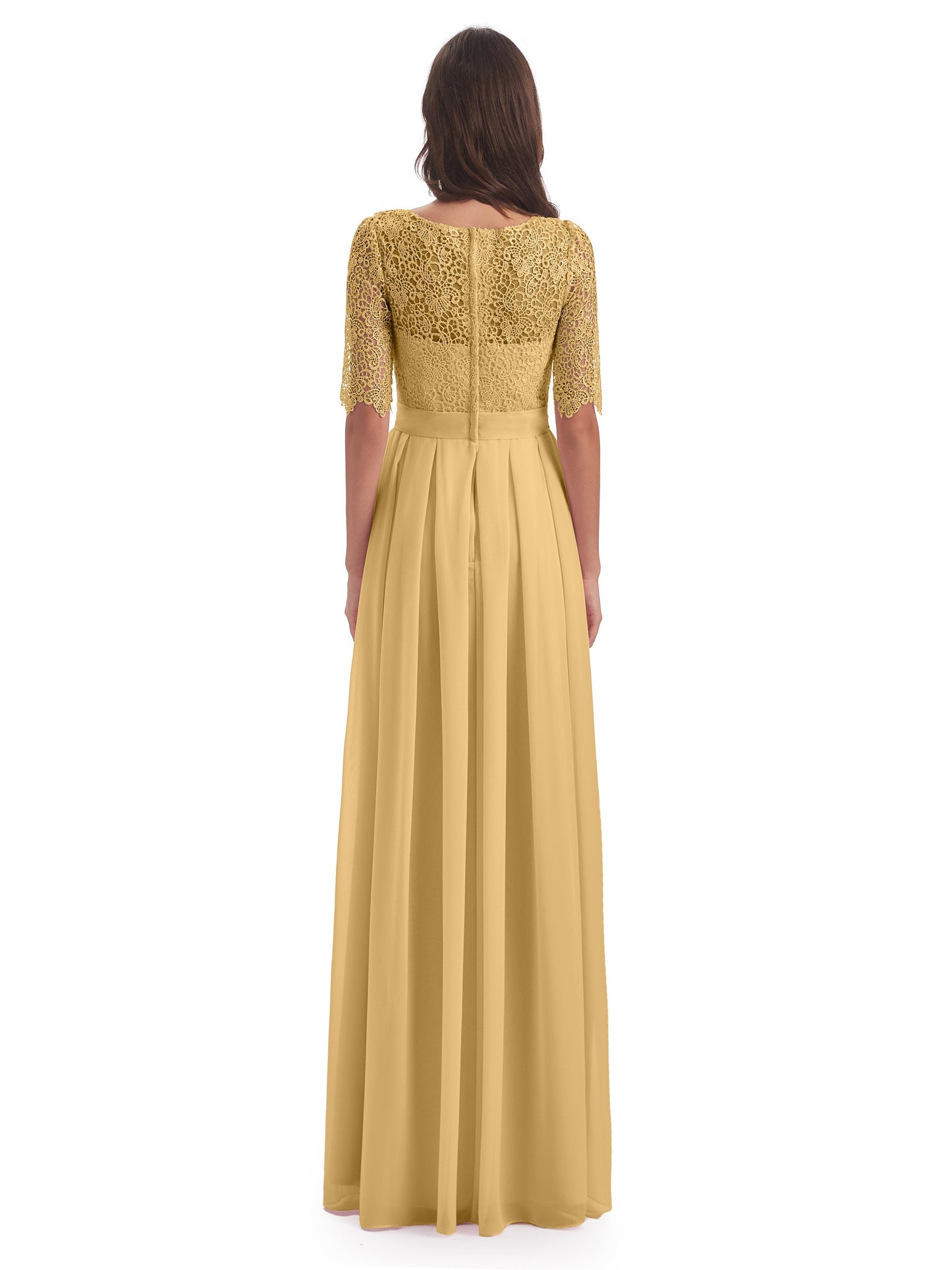 Brielle Illussion Neckline and Back Half Sleeves Scoop Lace Bridesmaid Dresses