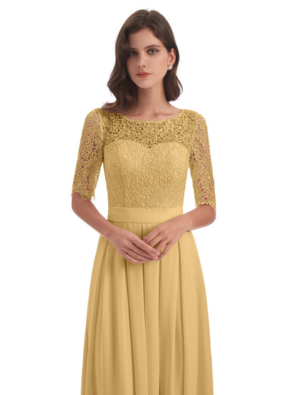 Brielle Illussion Neckline and Back Half Sleeves Scoop Lace Bridesmaid Dresses