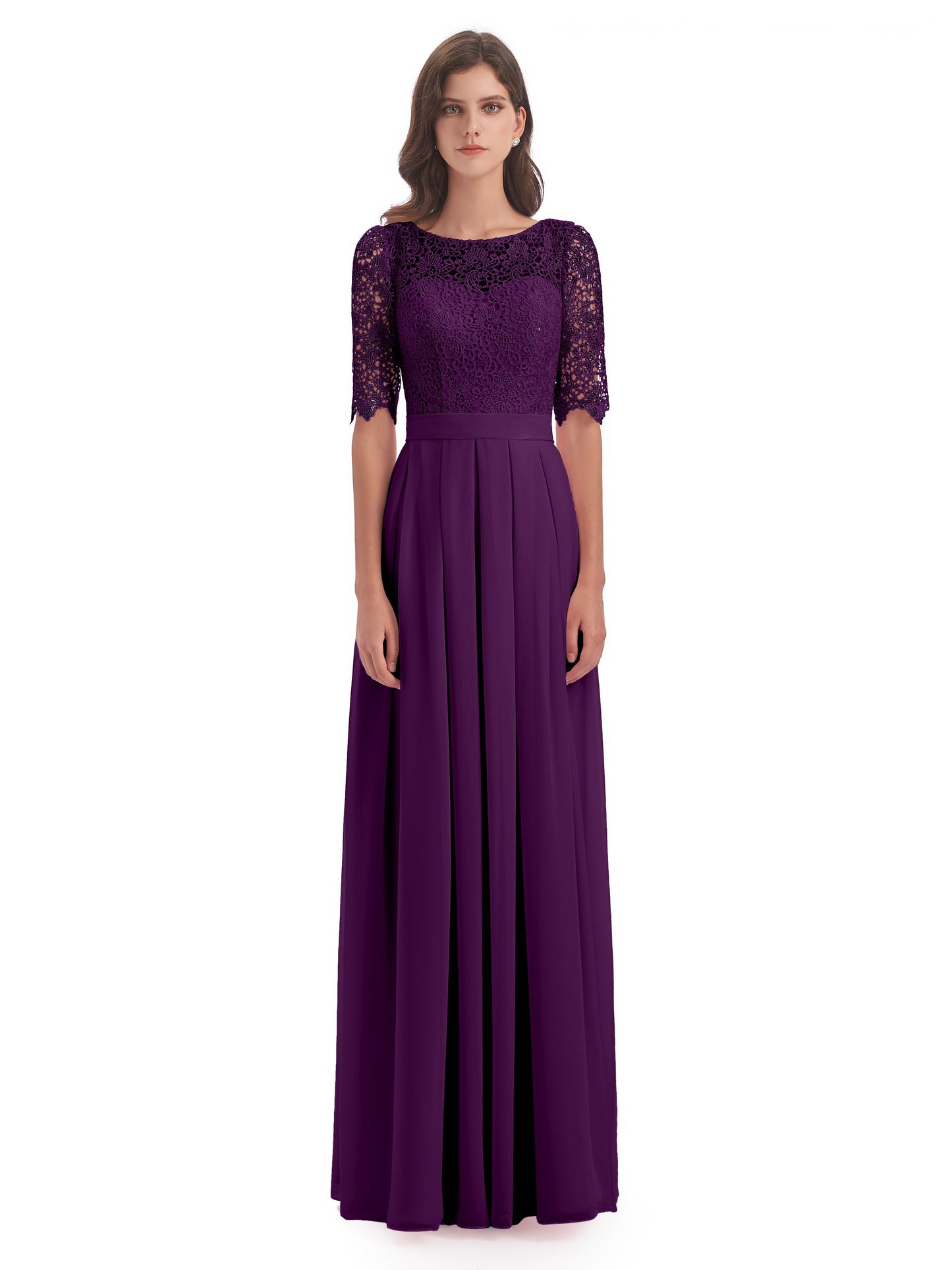 Brielle Illussion Neckline and Back Half Sleeves Scoop Lace Bridesmaid Dresses