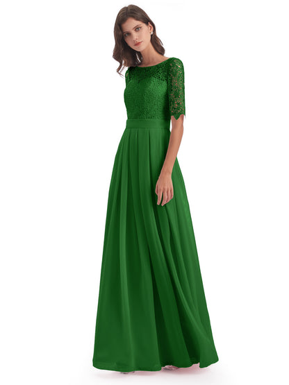 Brielle Illussion Neckline and Back Half Sleeves Scoop Lace Bridesmaid Dresses