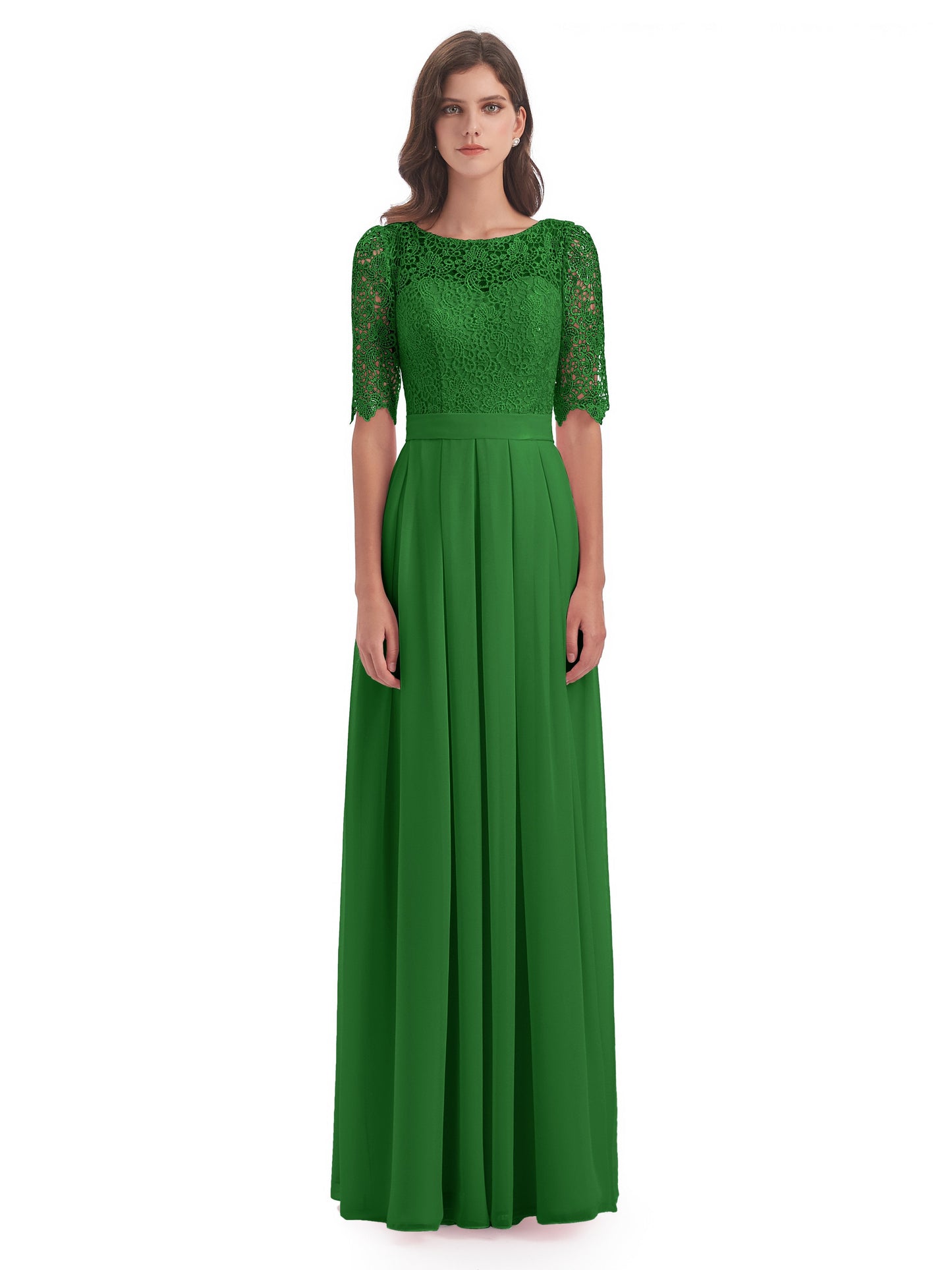 Brielle Illussion Neckline and Back Half Sleeves Scoop Lace Bridesmaid Dresses
