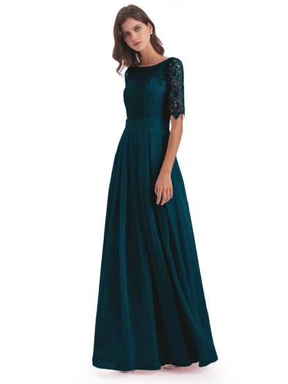 Brielle Illussion Neckline and Back Half Sleeves Scoop Lace Bridesmaid Dresses
