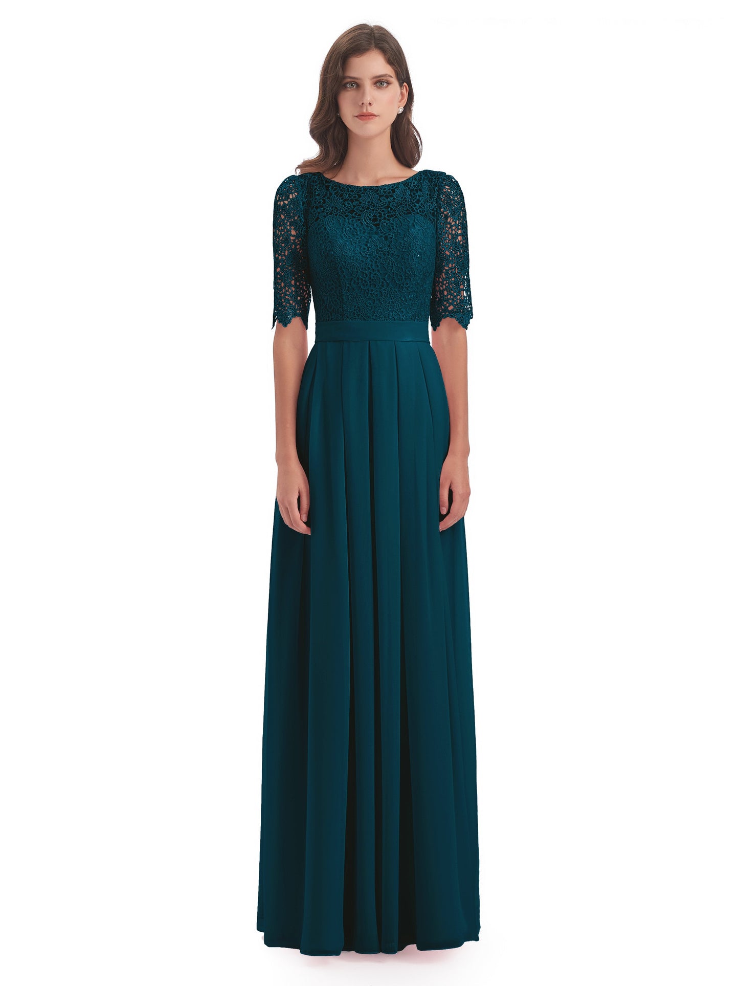 Brielle Illussion Neckline and Back Half Sleeves Scoop Lace Bridesmaid Dresses