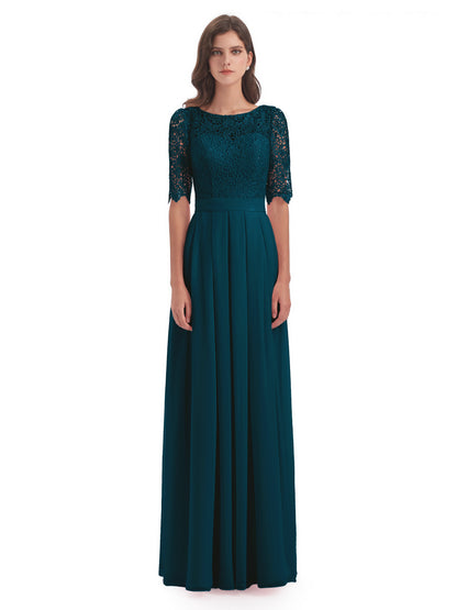 Brielle Illussion Neckline and Back Half Sleeves Scoop Lace Bridesmaid Dresses