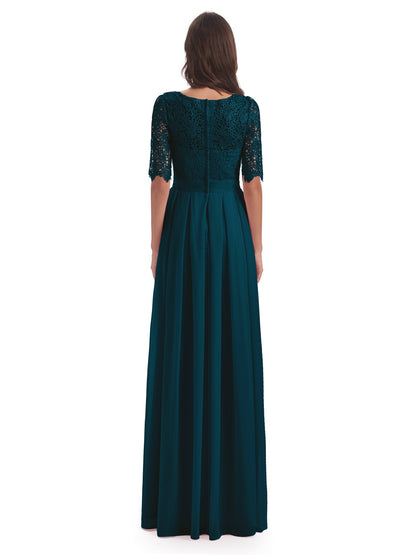 Brielle Illussion Neckline and Back Half Sleeves Scoop Lace Bridesmaid Dresses