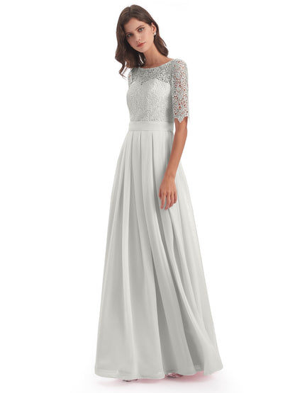 Brielle Illussion Neckline and Back Half Sleeves Scoop Lace Bridesmaid Dresses