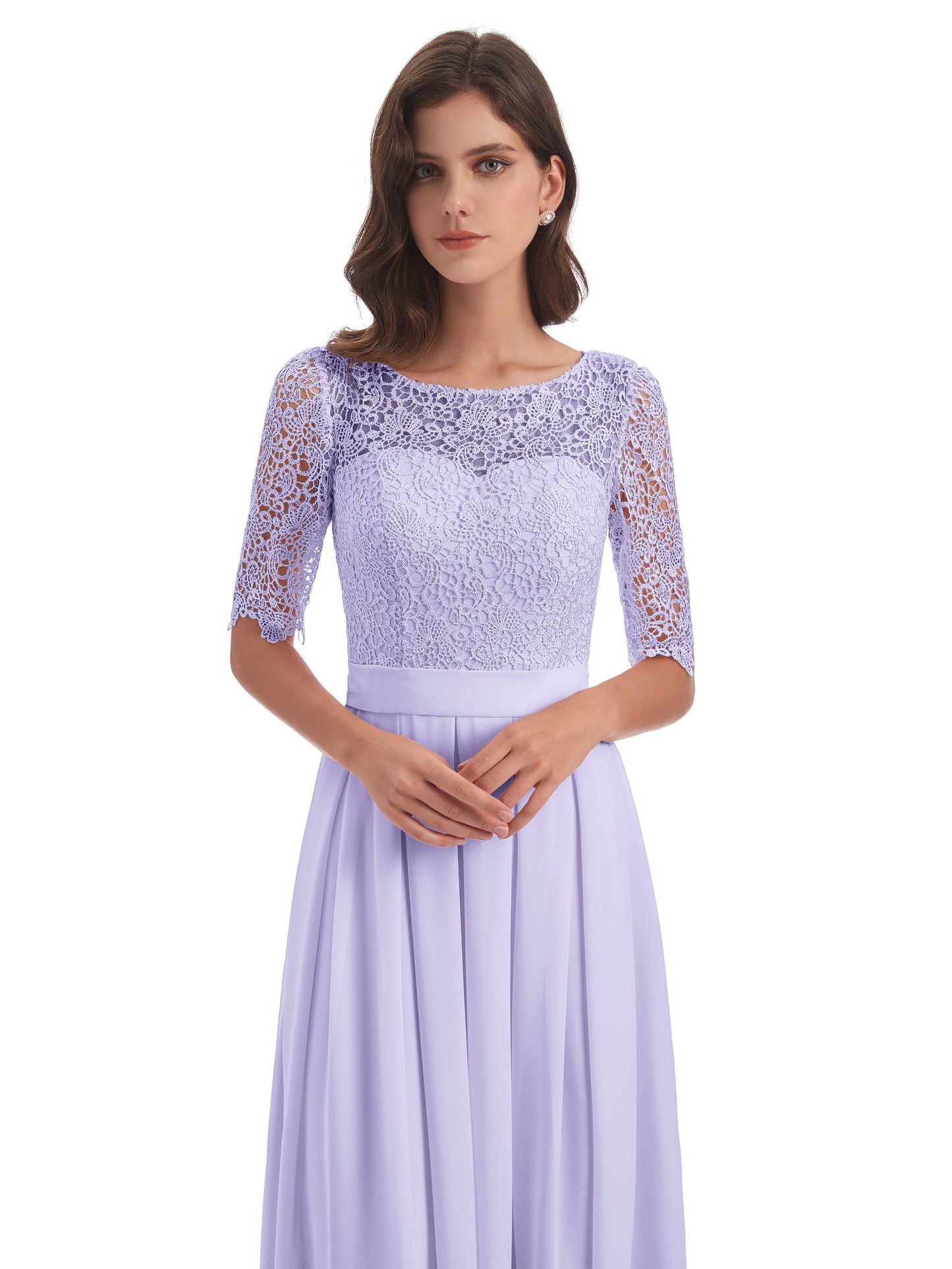 Brielle Illussion Neckline and Back Half Sleeves Scoop Lace Bridesmaid Dresses
