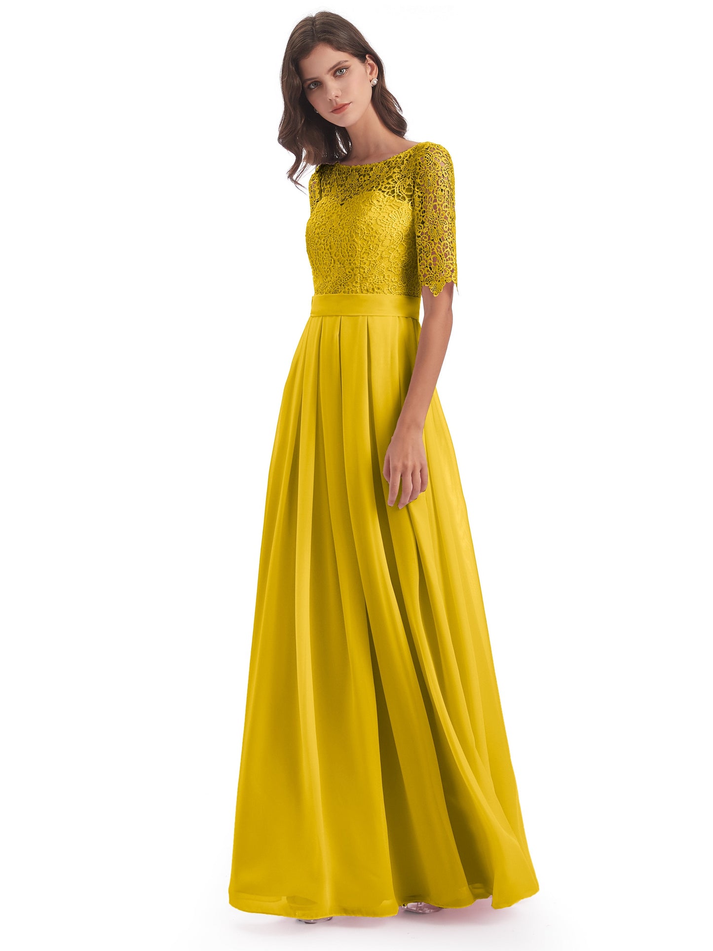 Brielle Illussion Neckline and Back Half Sleeves Scoop Lace Bridesmaid Dresses