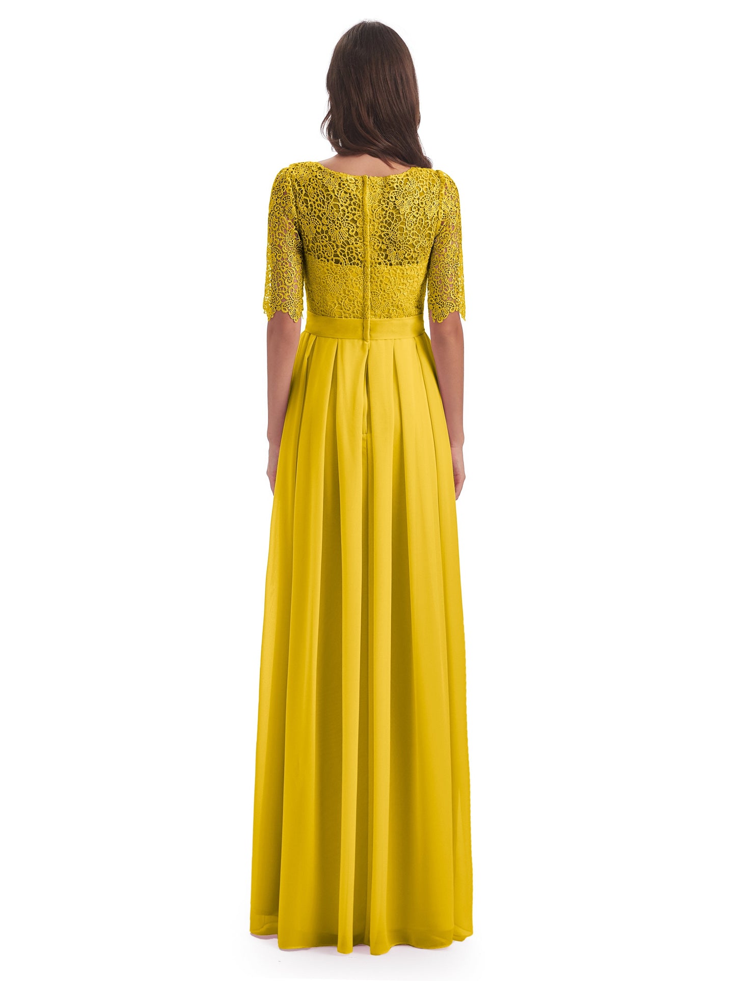 Brielle Illussion Neckline and Back Half Sleeves Scoop Lace Bridesmaid Dresses