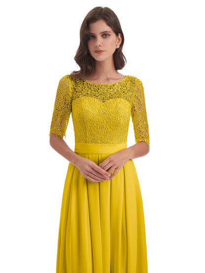 Brielle Illussion Neckline and Back Half Sleeves Scoop Lace Bridesmaid Dresses