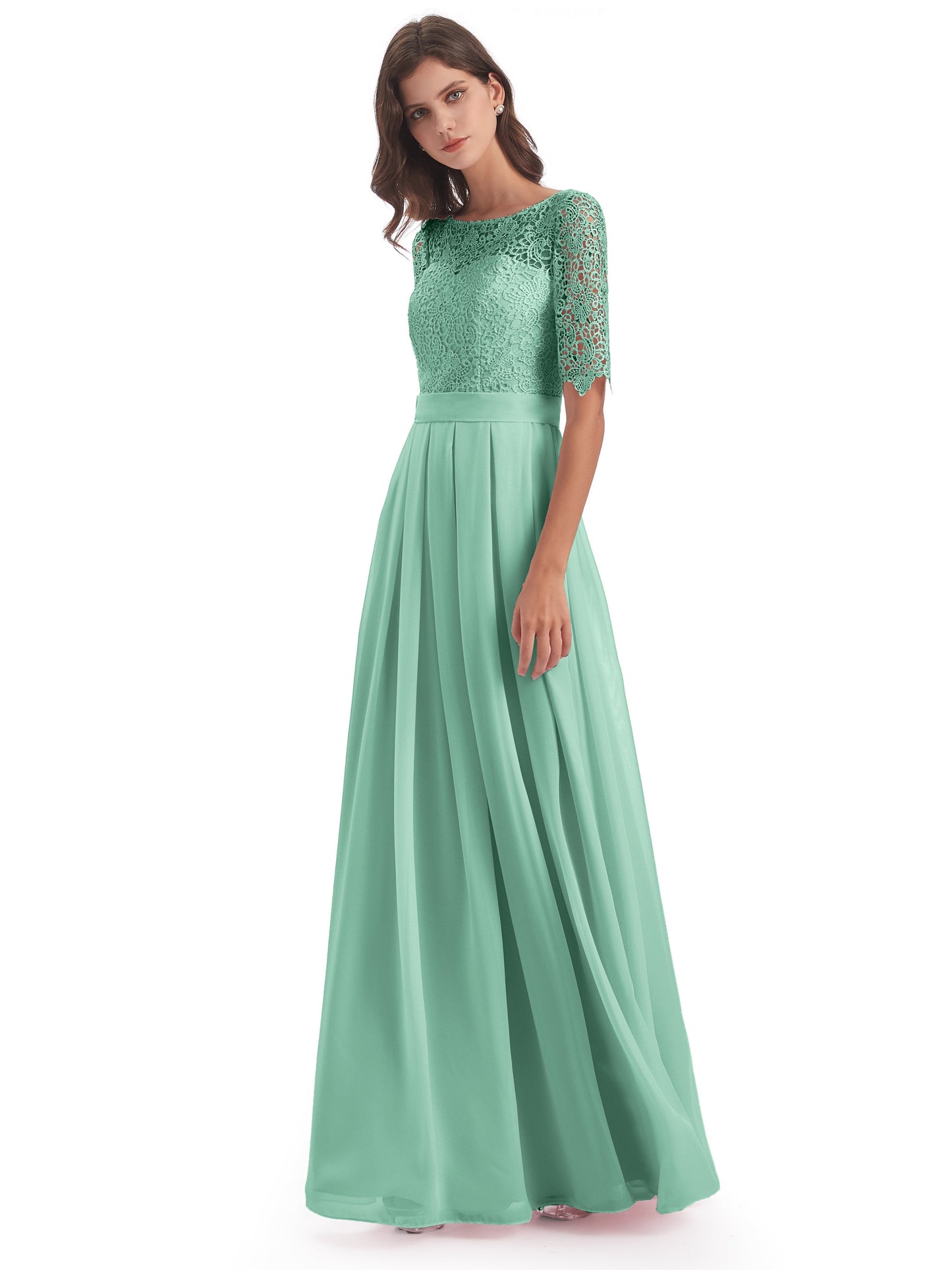 Brielle Illussion Neckline and Back Half Sleeves Scoop Lace Bridesmaid Dresses