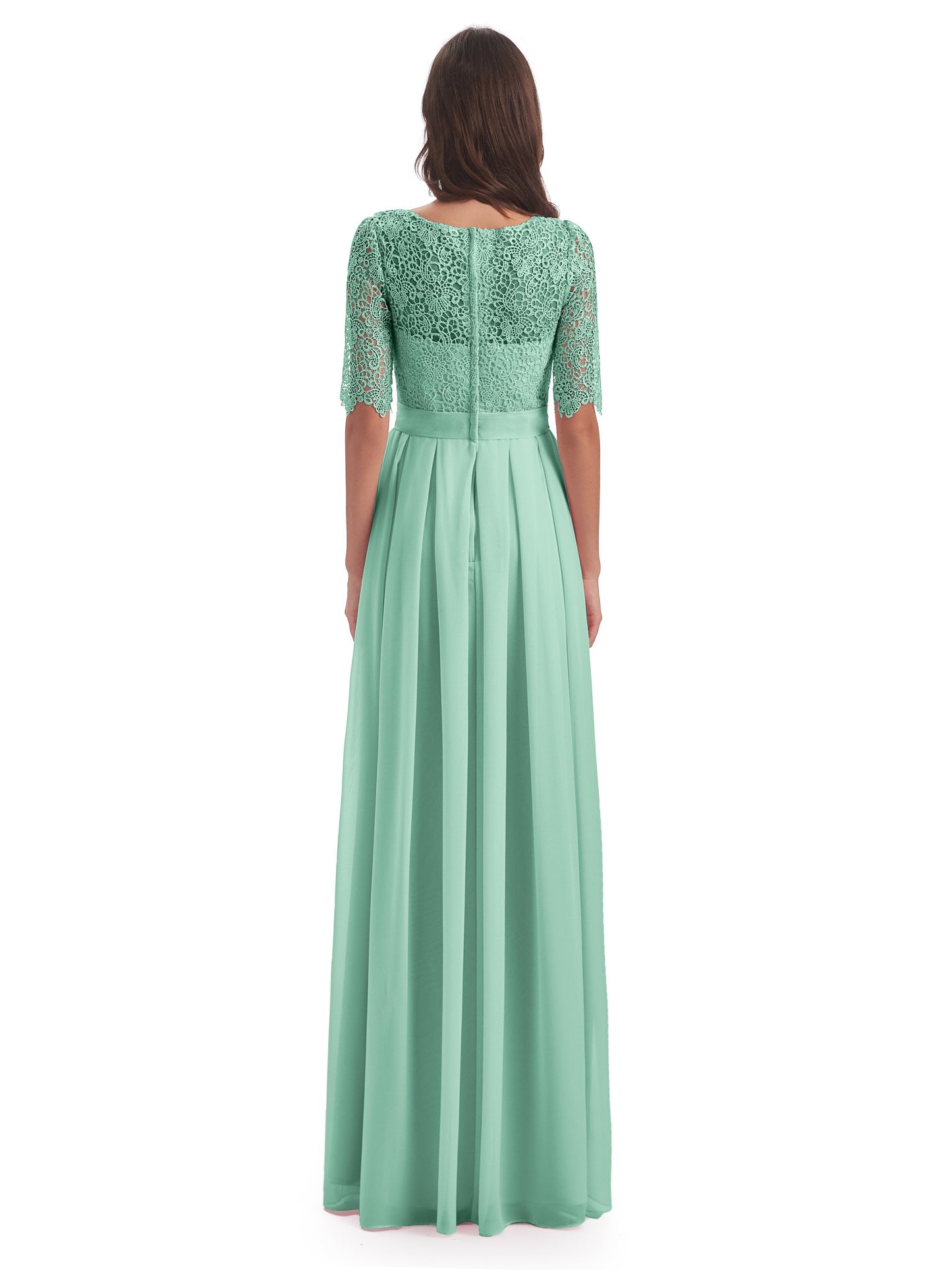 Brielle Illussion Neckline and Back Half Sleeves Scoop Lace Bridesmaid Dresses