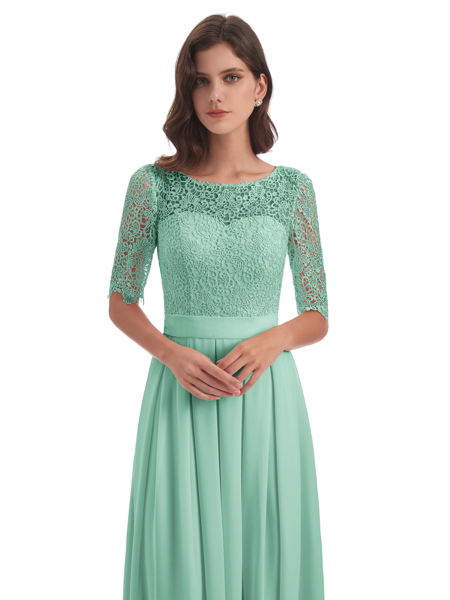 Brielle Illussion Neckline and Back Half Sleeves Scoop Lace Bridesmaid Dresses