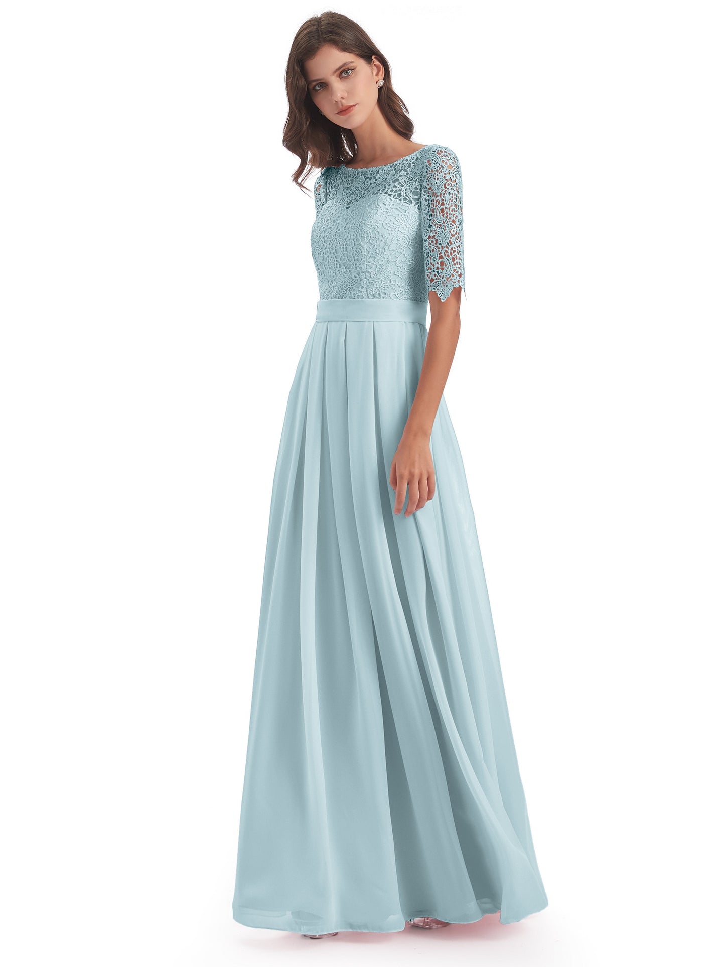 Brielle Illussion Neckline and Back Half Sleeves Scoop Lace Bridesmaid Dresses