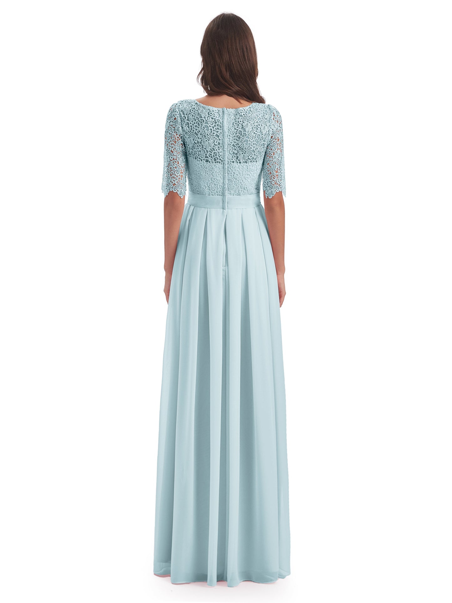 Brielle Illussion Neckline and Back Half Sleeves Scoop Lace Bridesmaid Dresses