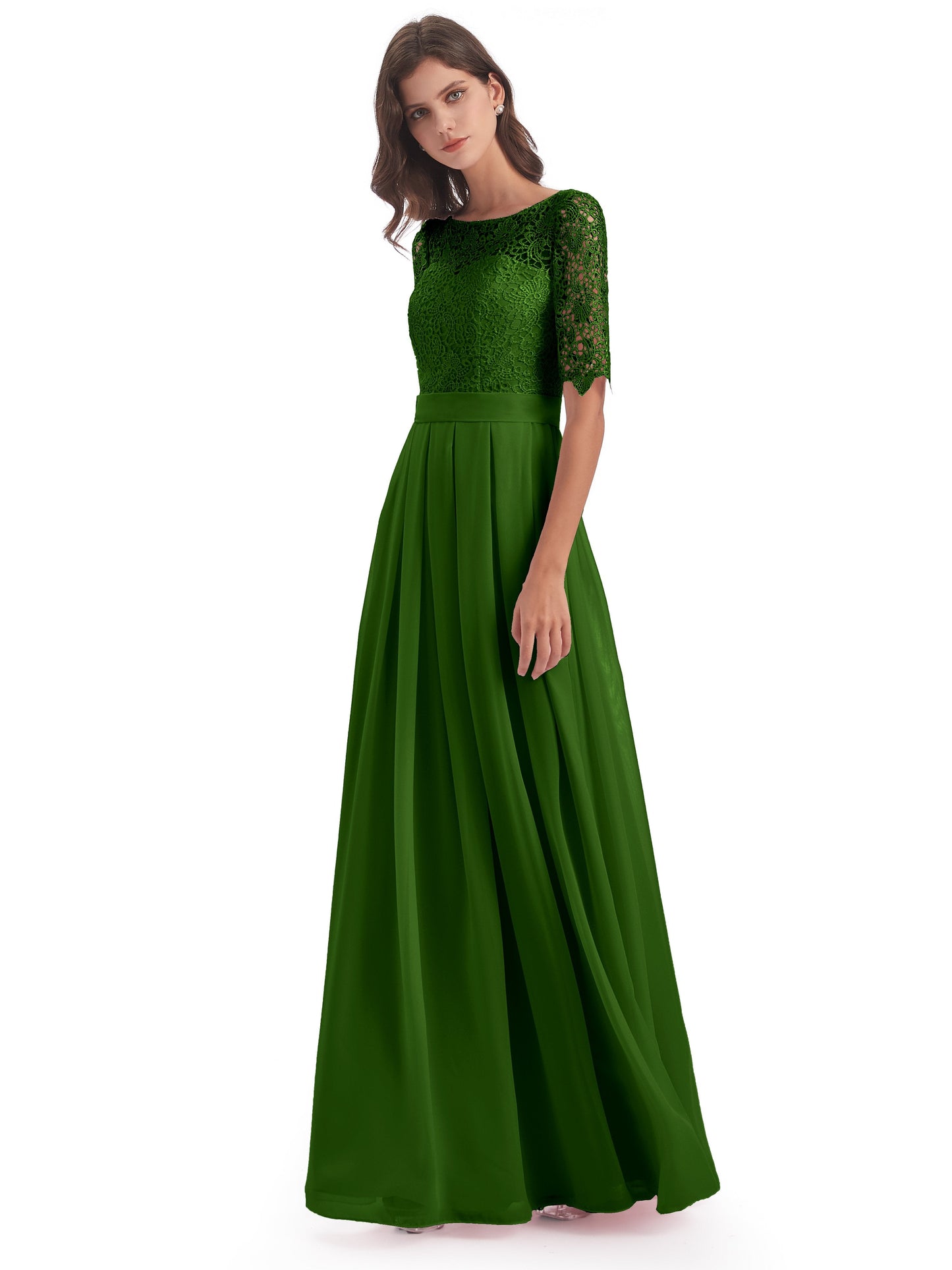 Brielle Illussion Neckline and Back Half Sleeves Scoop Lace Bridesmaid Dresses