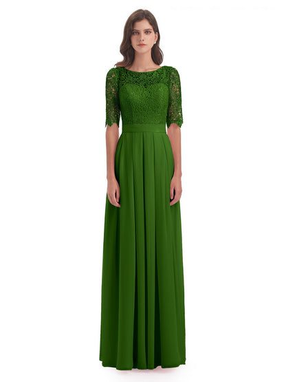 Brielle Illussion Neckline and Back Half Sleeves Scoop Lace Bridesmaid Dresses