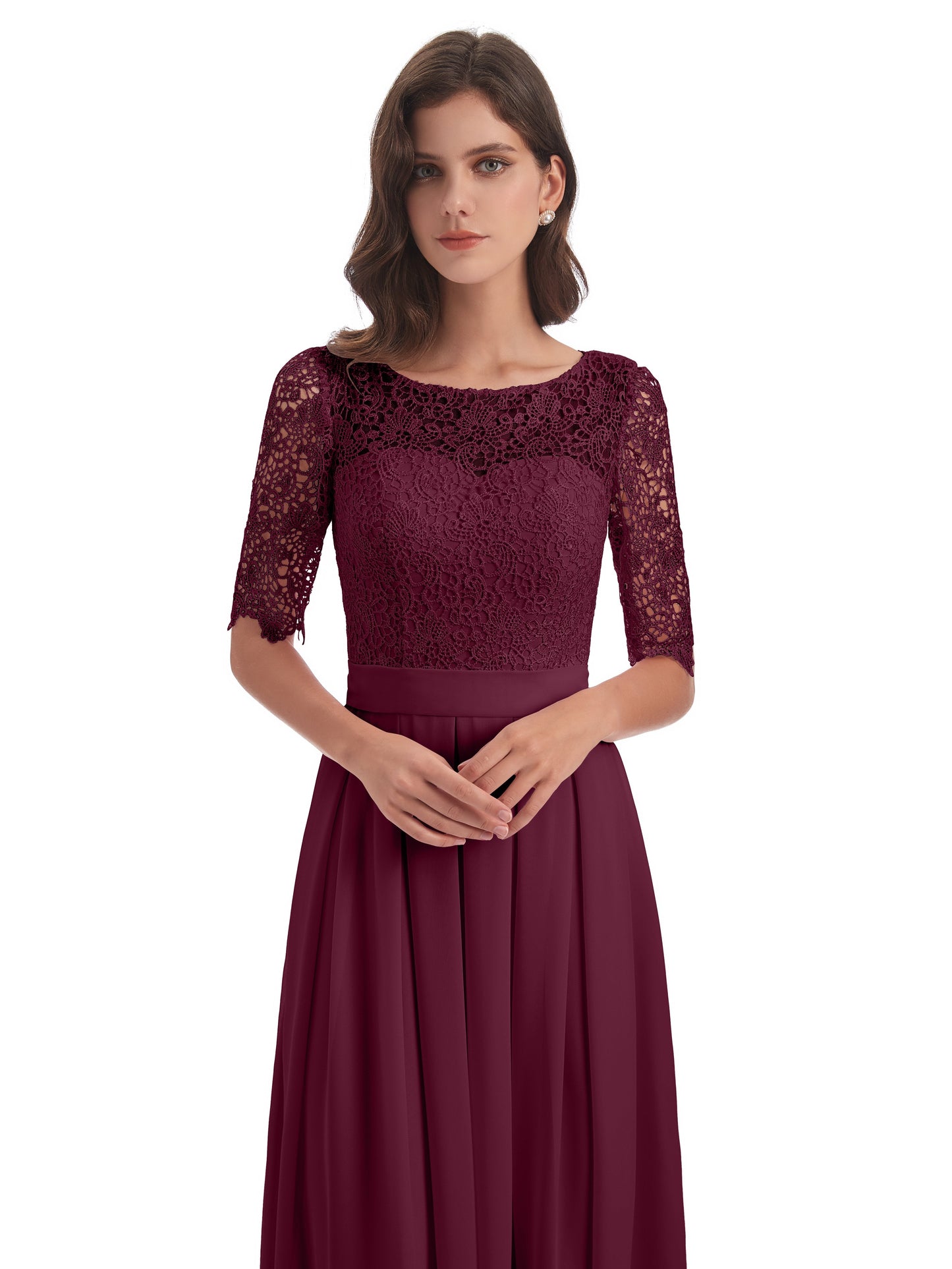 Brielle Illussion Neckline and Back Half Sleeves Scoop Lace Bridesmaid Dresses