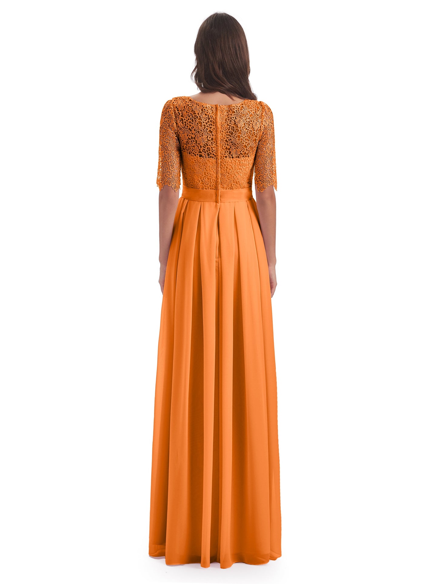 Brielle Illussion Neckline and Back Half Sleeves Scoop Lace Bridesmaid Dresses