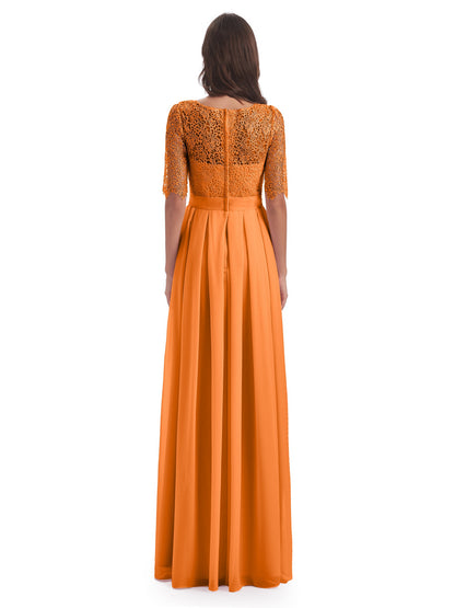 Brielle Illussion Neckline and Back Half Sleeves Scoop Lace Bridesmaid Dresses