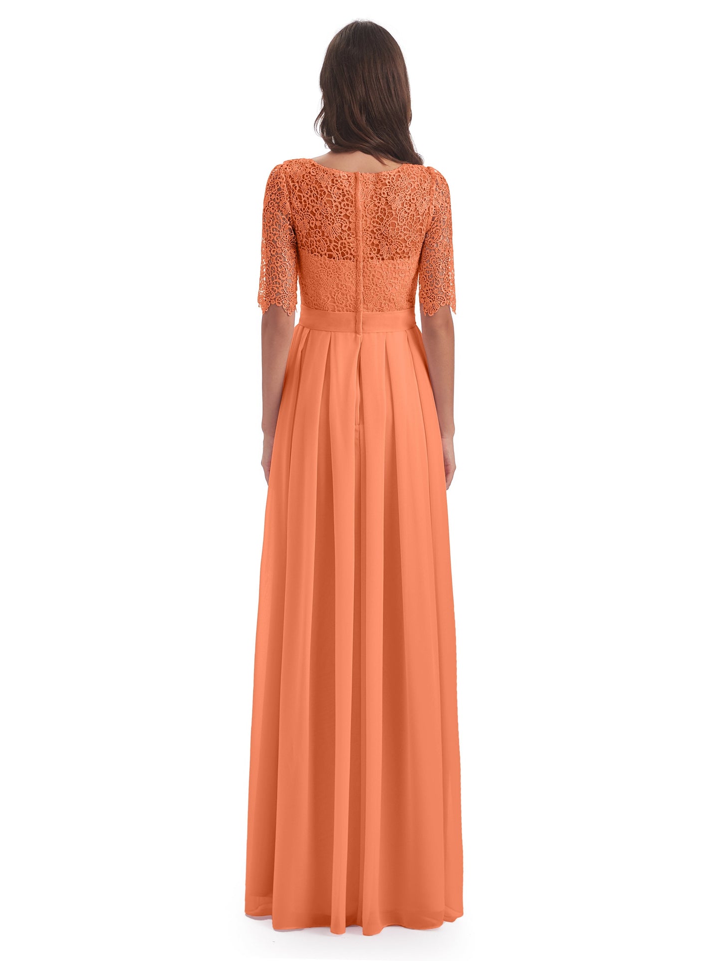 Brielle Illussion Neckline and Back Half Sleeves Scoop Lace Bridesmaid Dresses