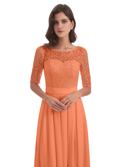 Brielle Illussion Neckline and Back Half Sleeves Scoop Lace Bridesmaid Dresses
