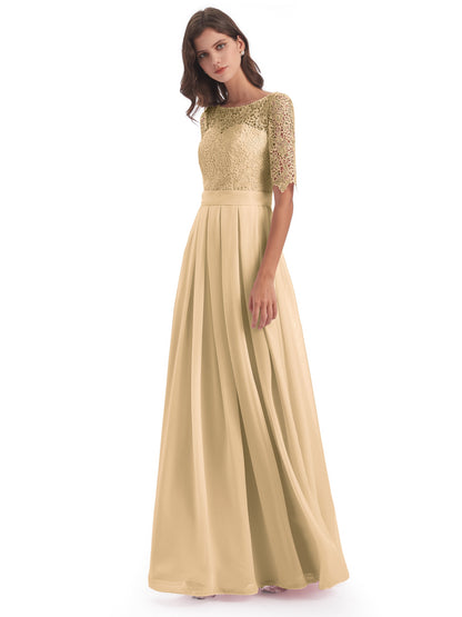 Brielle Illussion Neckline and Back Half Sleeves Scoop Lace Bridesmaid Dresses