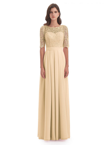 Brielle Illussion Neckline and Back Half Sleeves Scoop Lace Bridesmaid Dresses