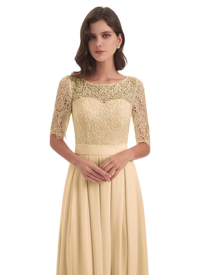 Brielle Illussion Neckline and Back Half Sleeves Scoop Lace Bridesmaid Dresses