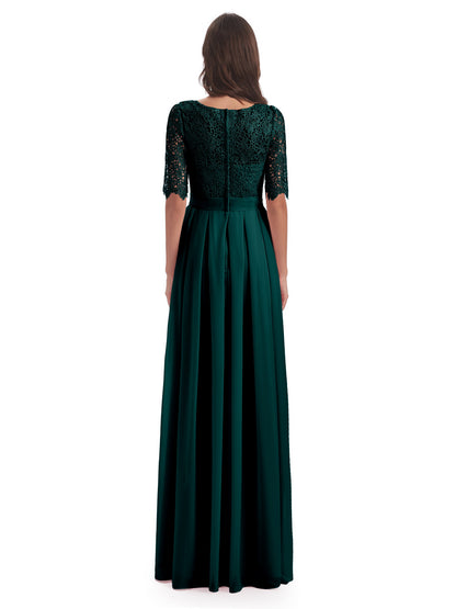 Brielle Illussion Neckline and Back Half Sleeves Scoop Lace Bridesmaid Dresses