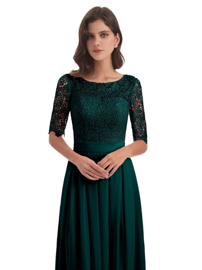 Brielle Illussion Neckline and Back Half Sleeves Scoop Lace Bridesmaid Dresses