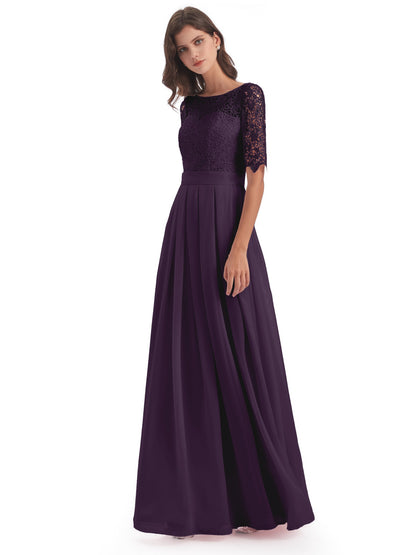 Brielle Illussion Neckline and Back Half Sleeves Scoop Lace Bridesmaid Dresses